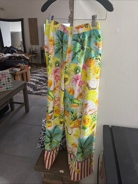 Tropical Fruit Print Wide-Leg Pants - Yellow & Aqua